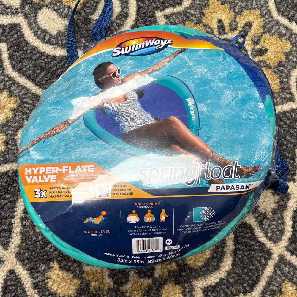 Swimways Spring Float Papasan Inflatable Mesh Seat Round Pool Blue Lounge Chair